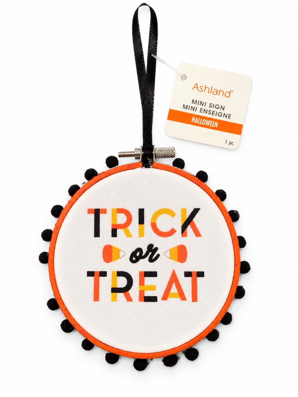 Ashland Trick or Treat Halloween Mini Hanging Sign with Black Pom-Pom Trim 4.5”
